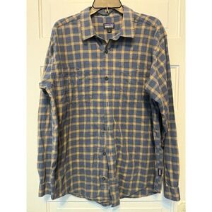 Patagonia Organic Cotton Plaid Flannel Shirt Men's Large Blue Brown Button Up